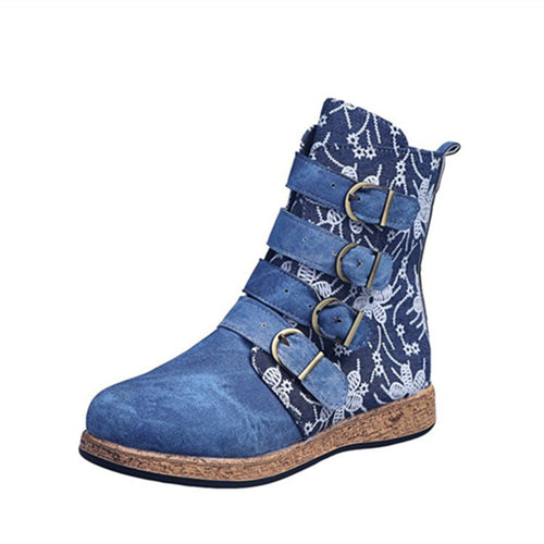 Damen nan verspielte knöchelhohe Stiefelette mit floraler Prägung, vier verstellbaren Zierriemen und Korkoptik-Sohle Drune
