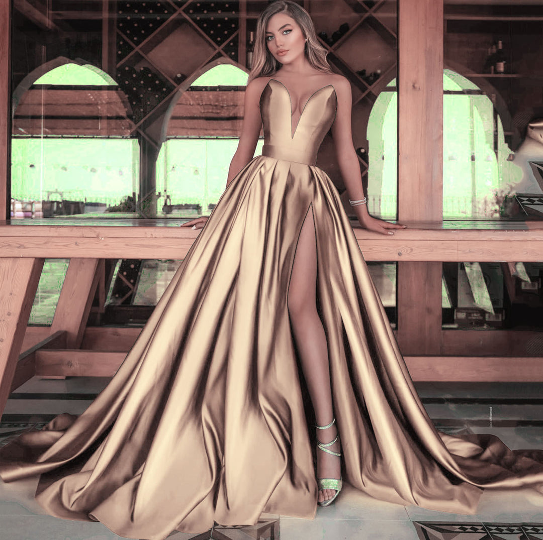 Damen A-Linien Maxikleid mit tiefem V-Ausschnitt und elegantem Schlitz Drune