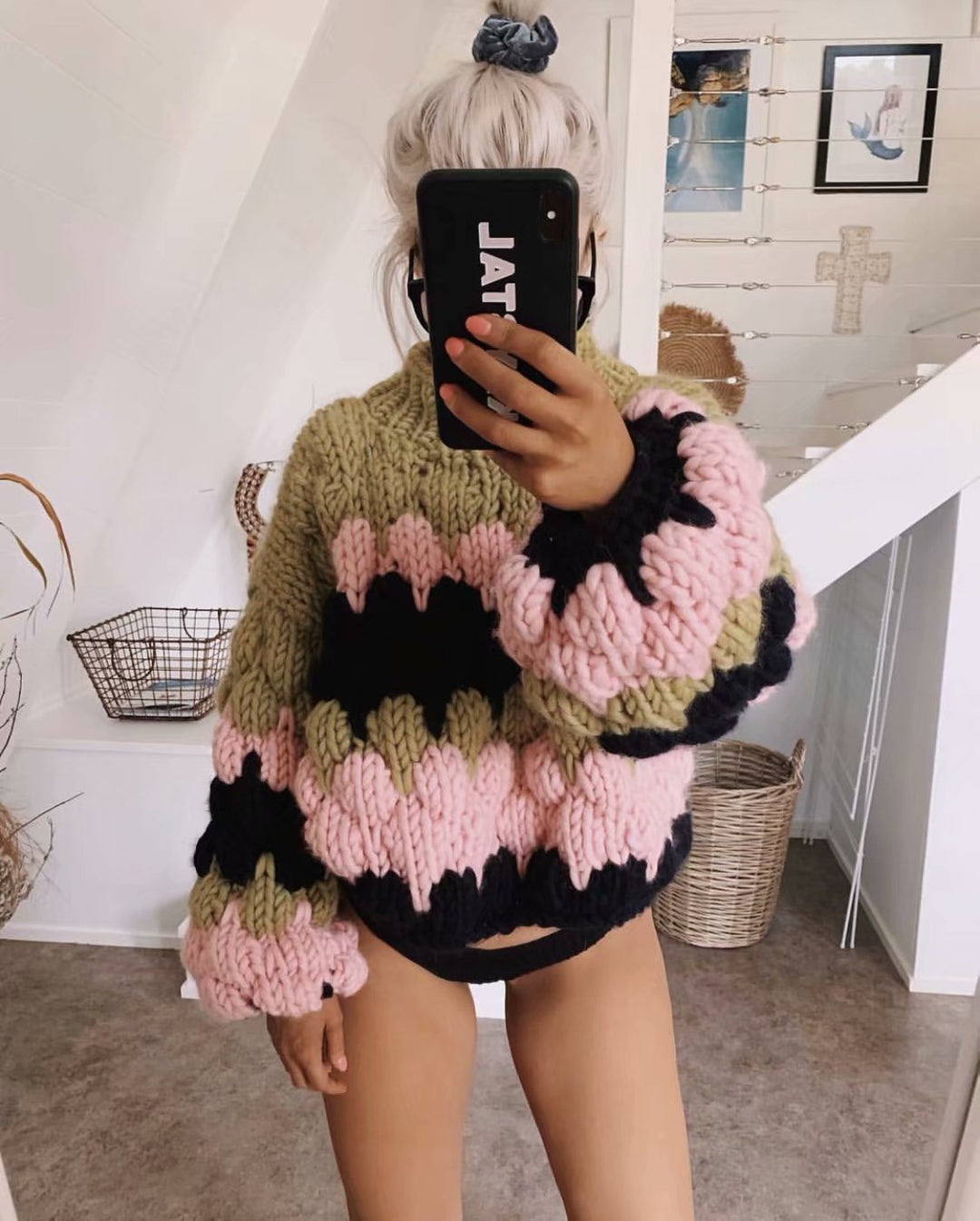 Damen modischer Grobstrickpullover mit farbenfrohem Wellenmuster und großzügigen Ärmeln Drune