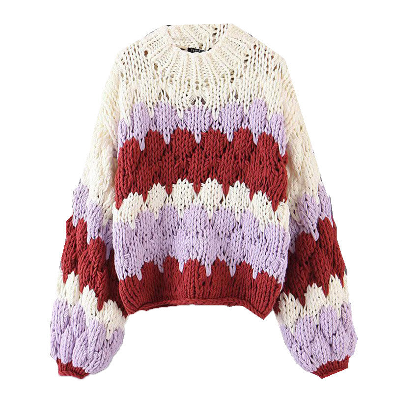 Damen modischer Grobstrickpullover mit farbenfrohem Wellenmuster und großzügigen Ärmeln Drune