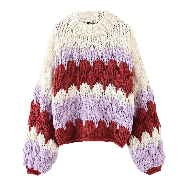 Damen modischer Grobstrickpullover mit farbenfrohem Wellenmuster und großzügigen Ärmeln Drune