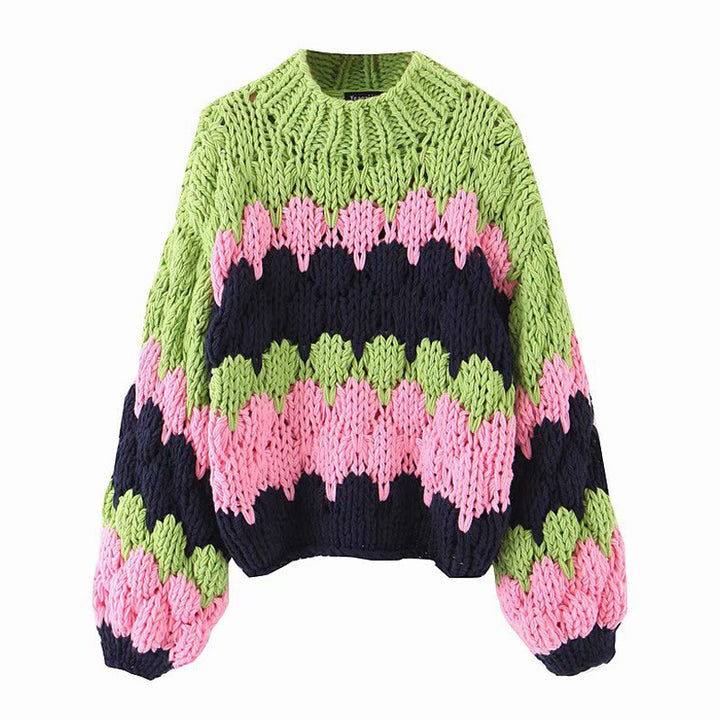 Damen modischer Grobstrickpullover mit farbenfrohem Wellenmuster und großzügigen Ärmeln Drune