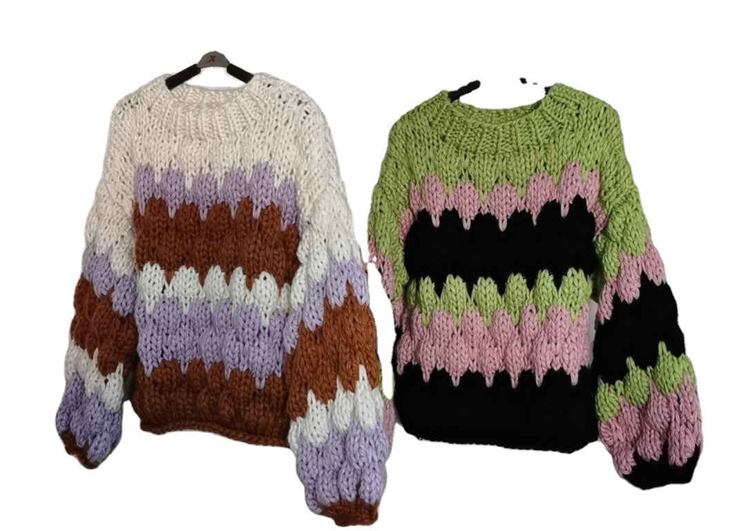 Damen modischer Grobstrickpullover mit farbenfrohem Wellenmuster und großzügigen Ärmeln Drune