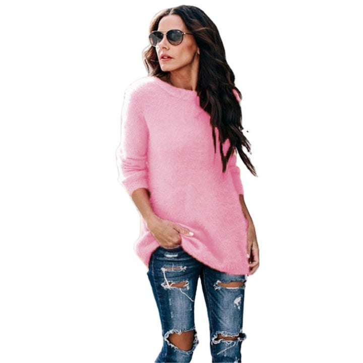 Damen nan kuscheliger Oversize-Strickpullover mit Rundhalsausschnitt Hoch-Tief-Saum und Seitenschlitzen Drune