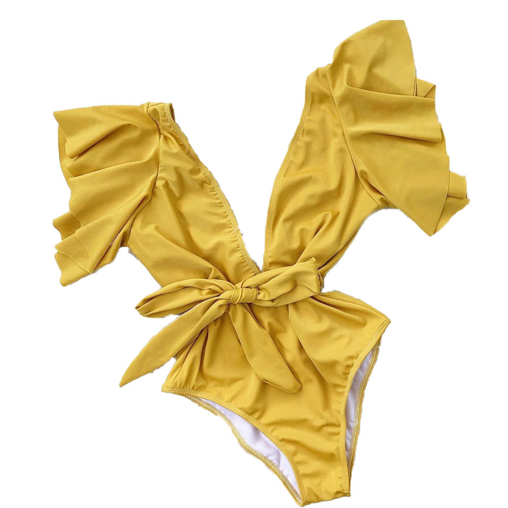 Damen Eleganter Badeanzug mit Volantärmeln und Taillengürtel Drune