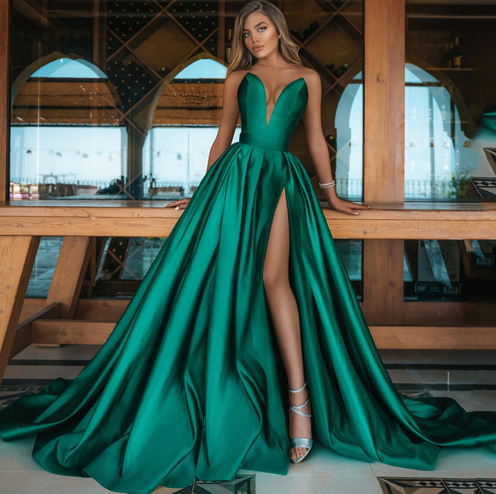 Damen A-Linien Maxikleid mit tiefem V-Ausschnitt und elegantem Schlitz Drune