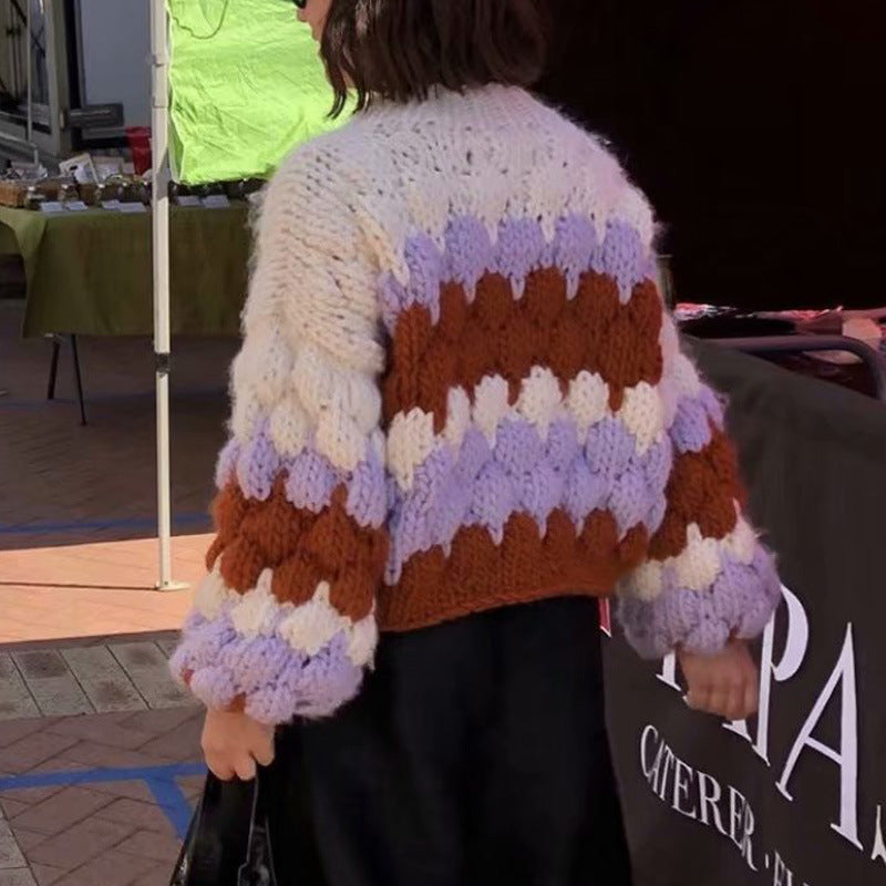 Damen modischer Grobstrickpullover mit farbenfrohem Wellenmuster und großzügigen Ärmeln Drune