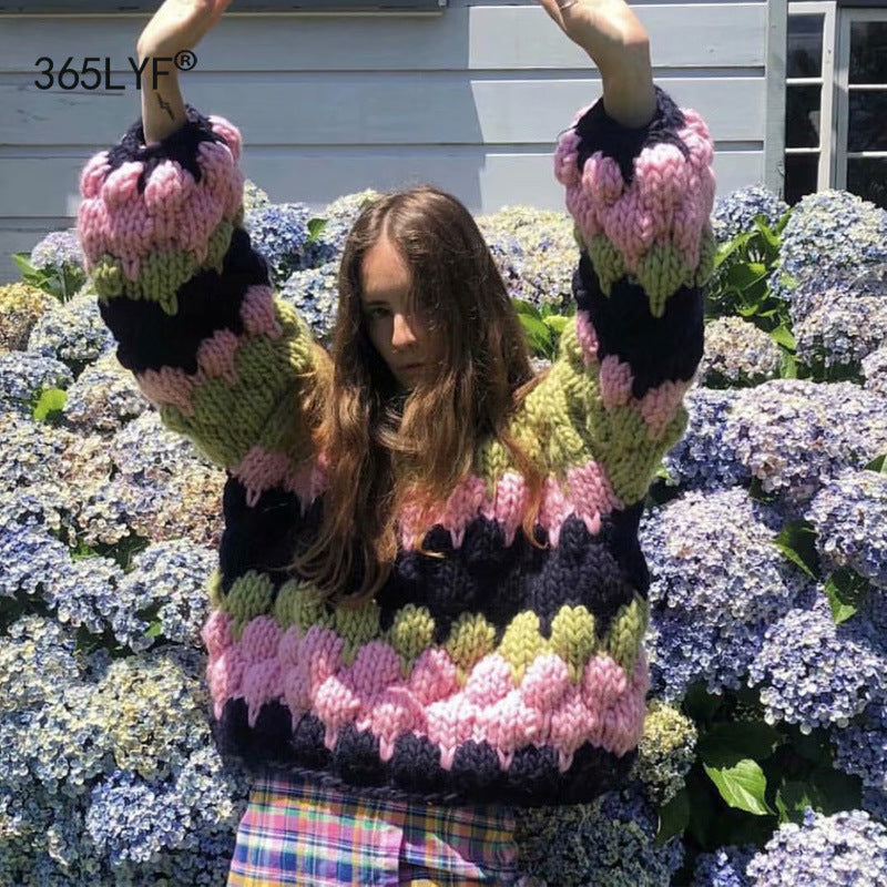 Damen modischer Grobstrickpullover mit farbenfrohem Wellenmuster und großzügigen Ärmeln Drune