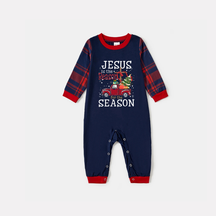 Drune | Marineblaues & Rotes Karomuster Weihnachten Schlafanzug Set mit „Jesus ist der Grund für die Jahreszeit“ Textdruck