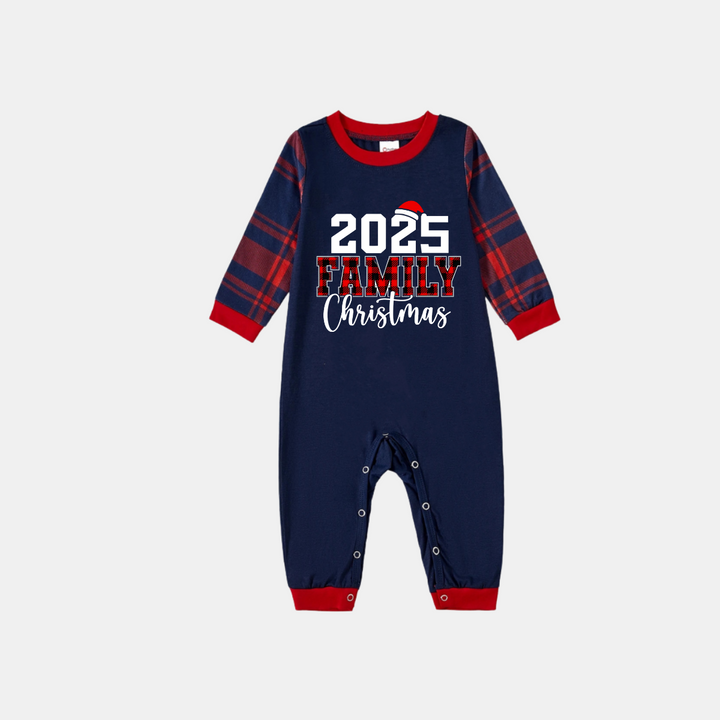 Drune | "2025 Weihnachten" Text und Weihnachtsmann-Mütze Druck Blau Langärmeliges Oberteil mit Rot- und Blau-Karierter Hose Weihnachts-Pyjamas im Matching-Design