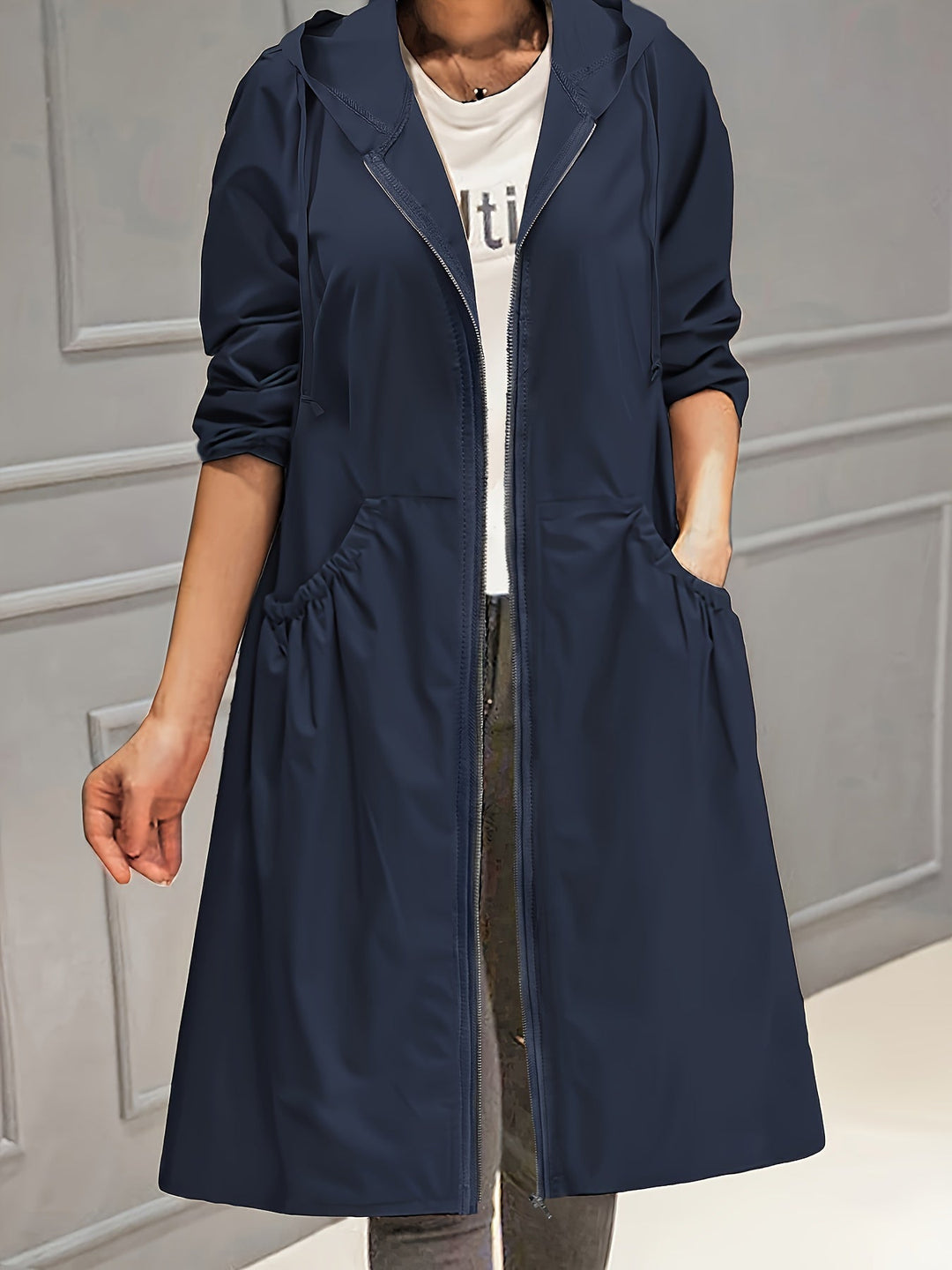 Drune | Damen Lässig Lange Jacke Mit Kapuze Und Reißverschluss