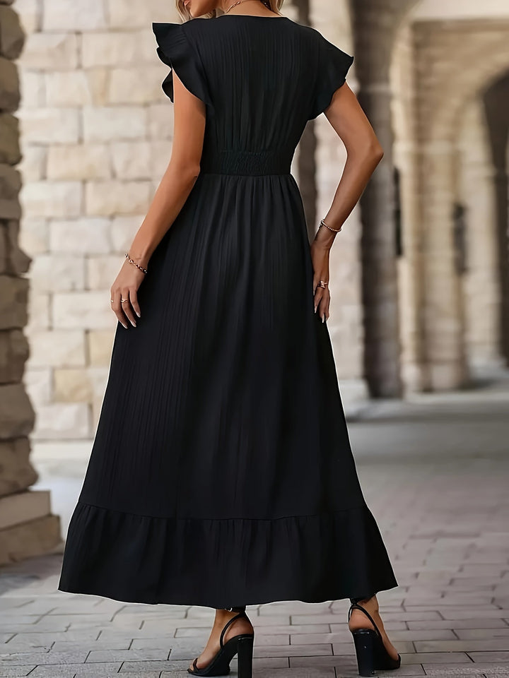 Drune | Elegantes V-ausschnitt Kleid mit Hoher Taille und Rüsche Ärmeln