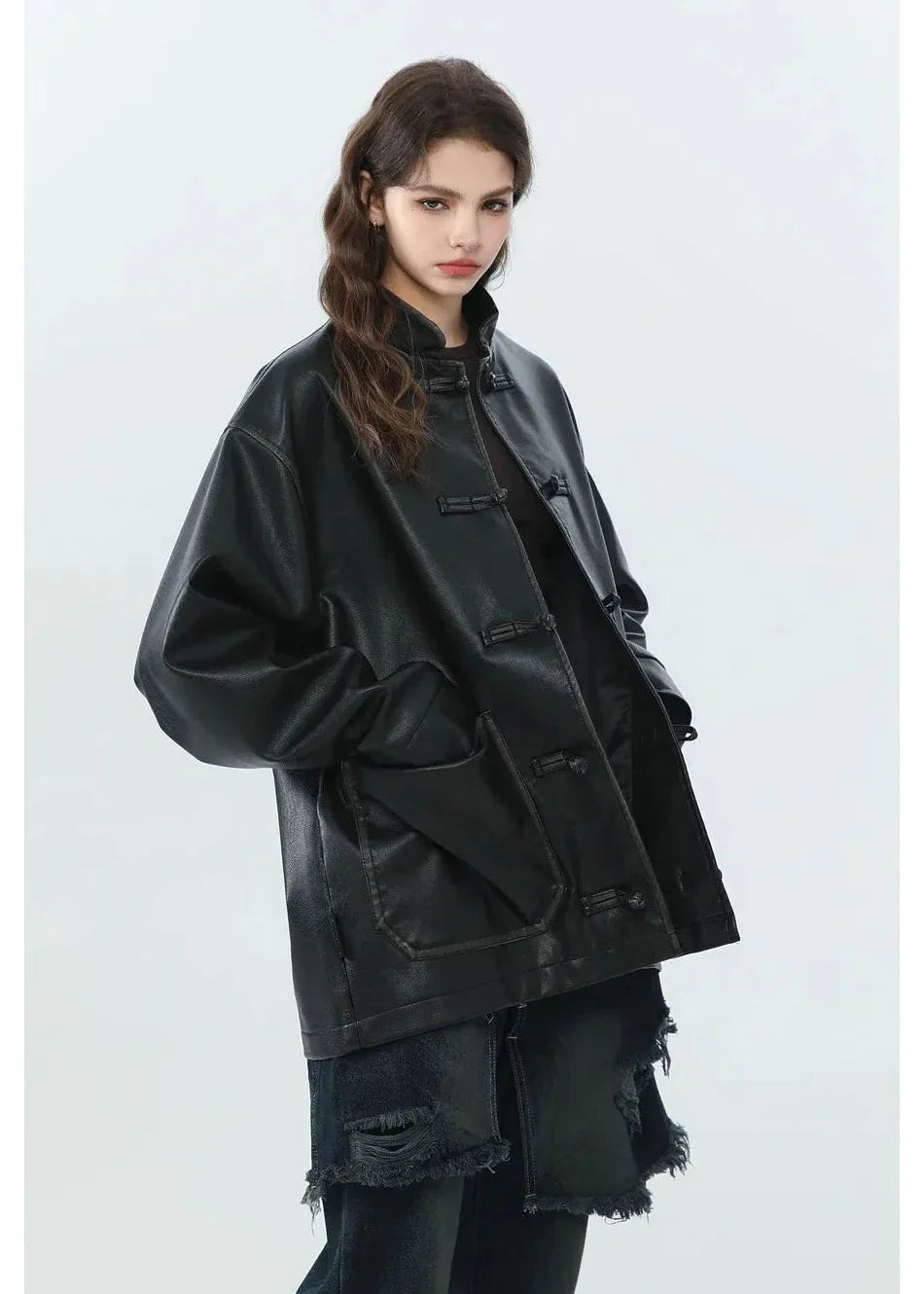 Drune | Stehkragen PU Lederjacke