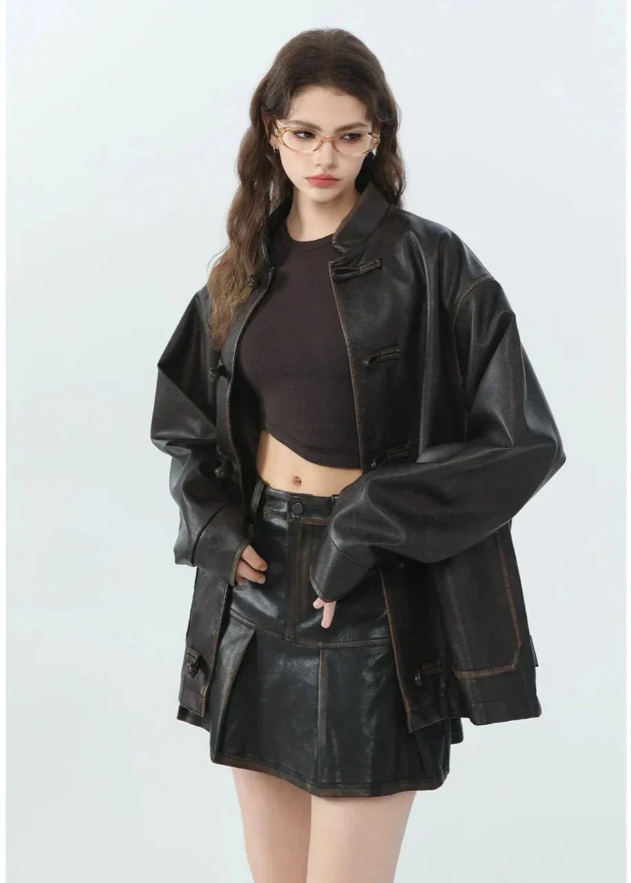 Drune | Lässige PU-Lederjacke mit Stehkragen