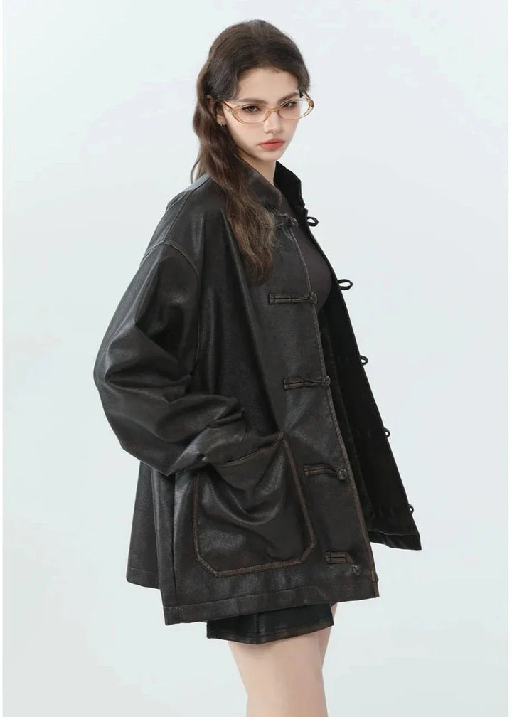 Drune | Lässige PU-Lederjacke mit Stehkragen