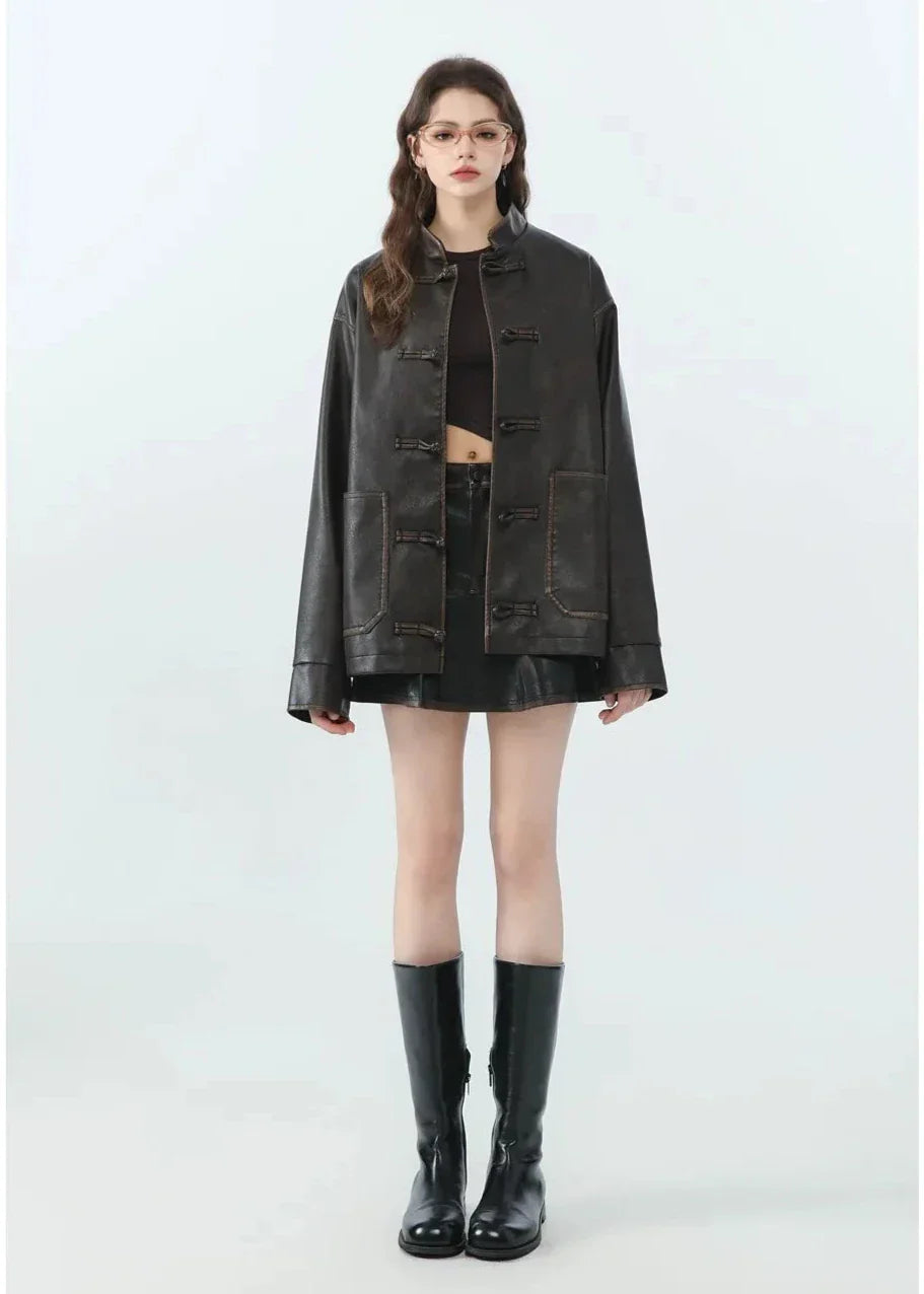 Drune | Lässige PU-Lederjacke mit Stehkragen