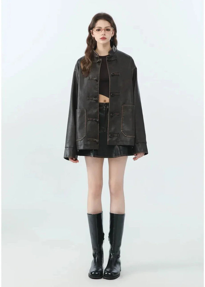 Drune | Lässige PU-Lederjacke mit Stehkragen