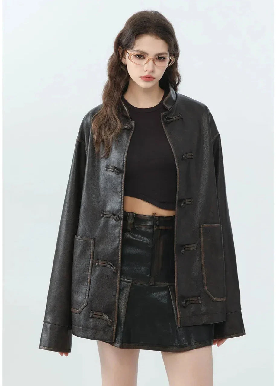 Drune | Lässige PU-Lederjacke mit Stehkragen