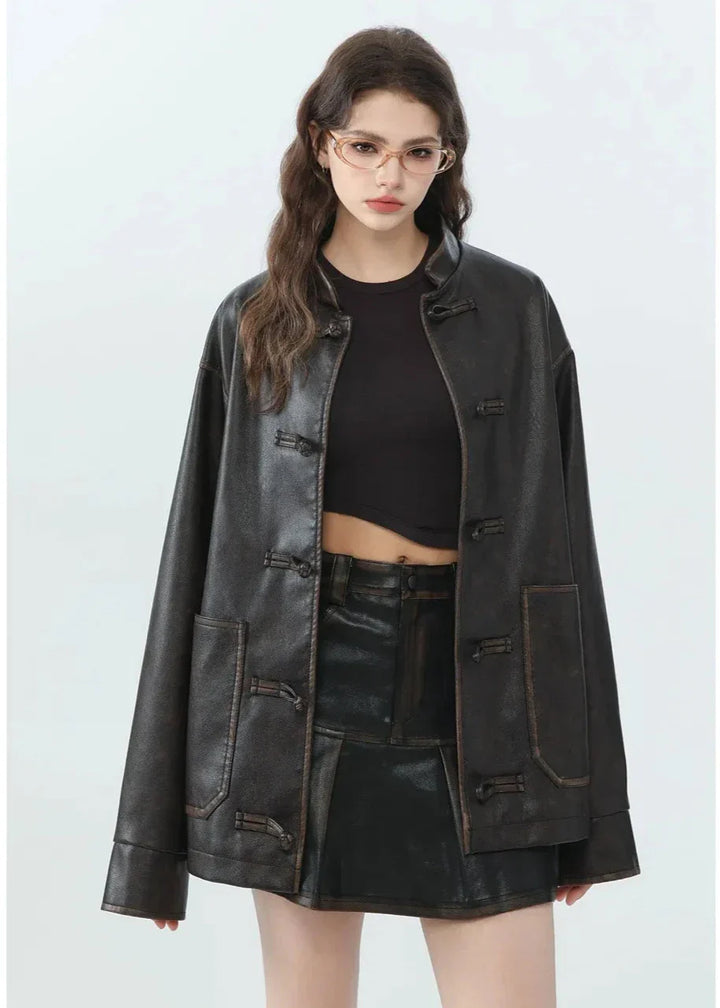 Drune | Lässige PU-Lederjacke mit Stehkragen