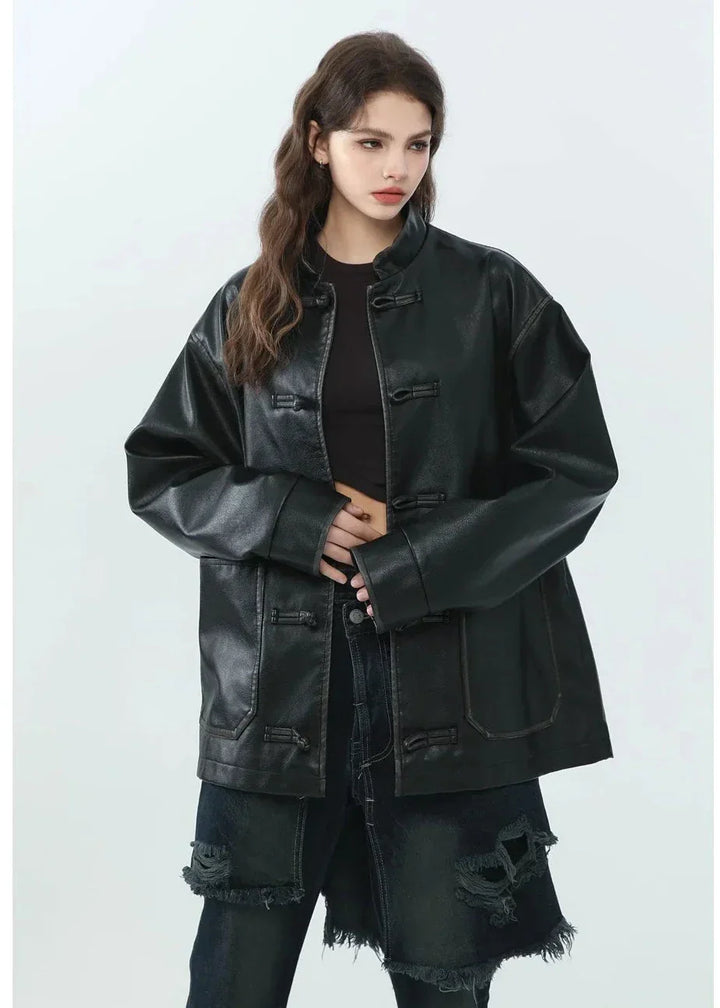 Drune | Stehkragen PU Lederjacke
