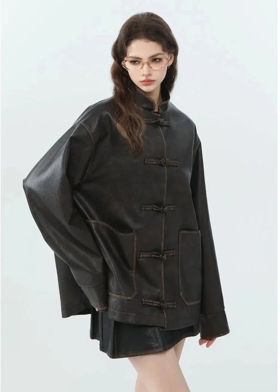 Drune | Lässige PU-Lederjacke mit Stehkragen
