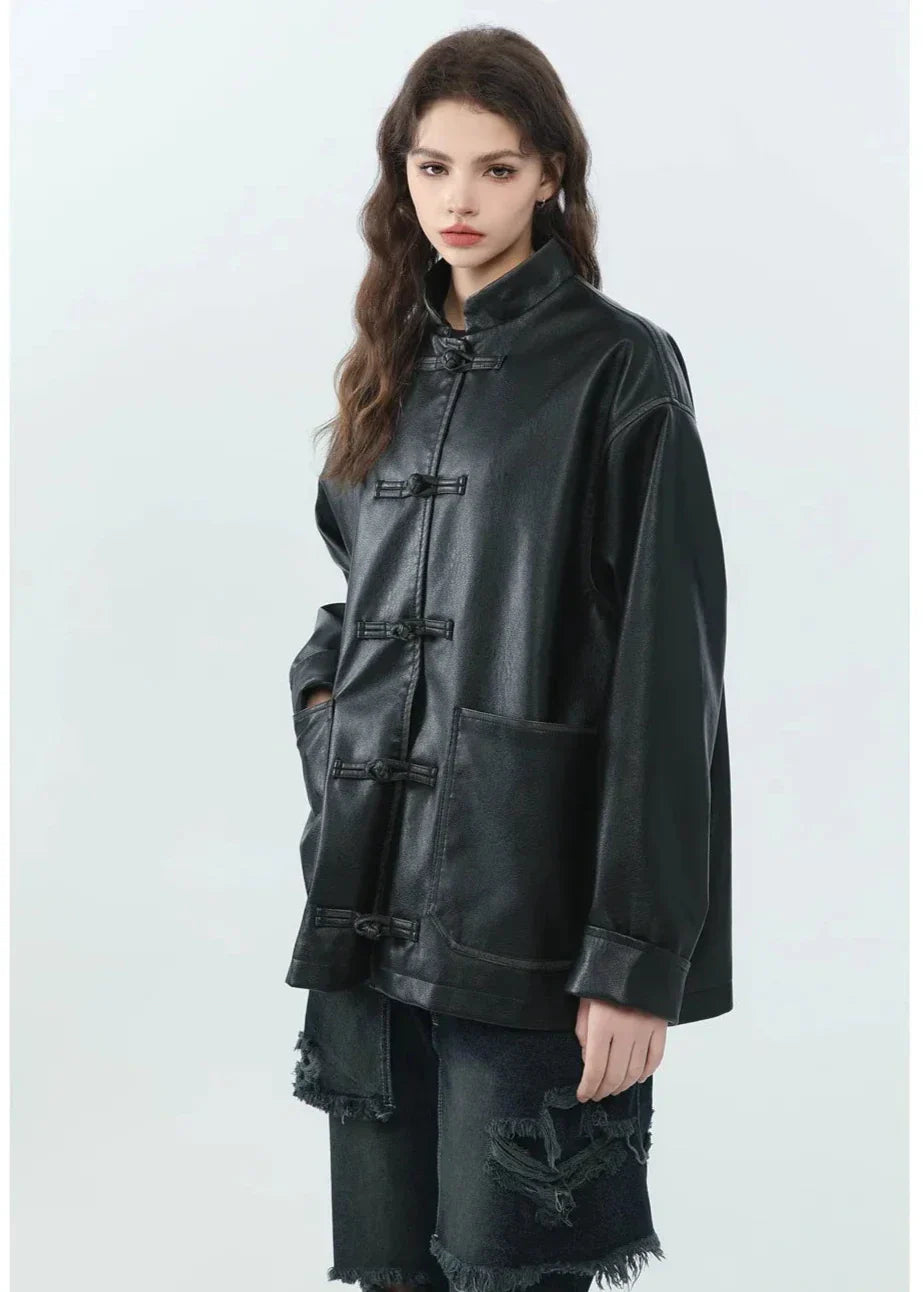 Drune | Stehkragen PU Lederjacke