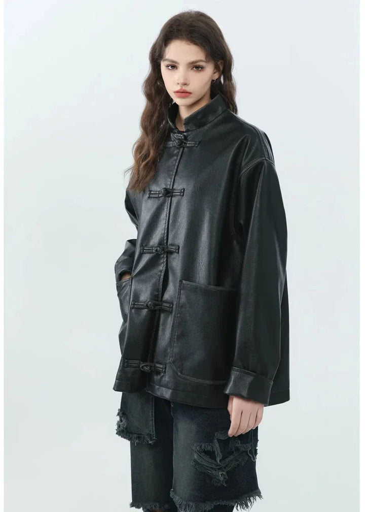 Drune | Stehkragen PU Lederjacke