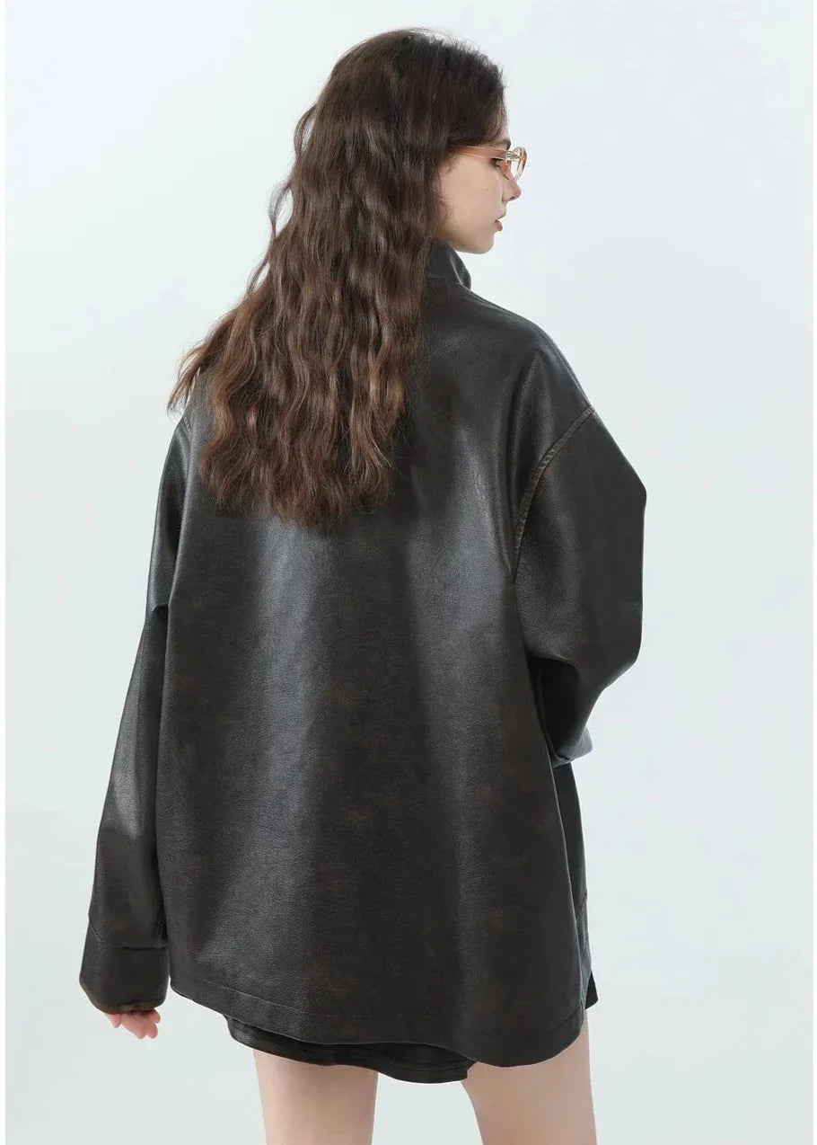 Drune | Lässige PU-Lederjacke mit Stehkragen