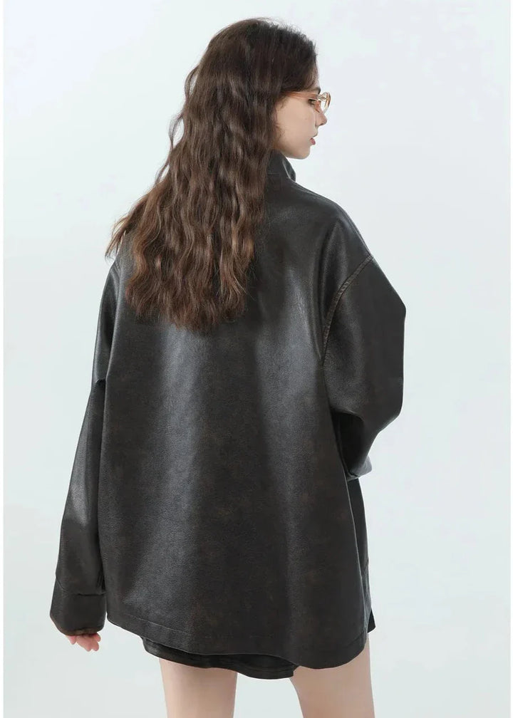 Drune | Lässige PU-Lederjacke mit Stehkragen