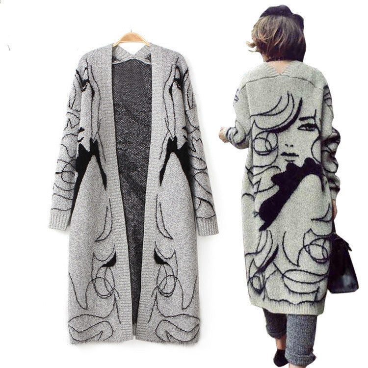 Damen Strickmantel mit einzigartigem Kunstmotiv und offenem Design Drune