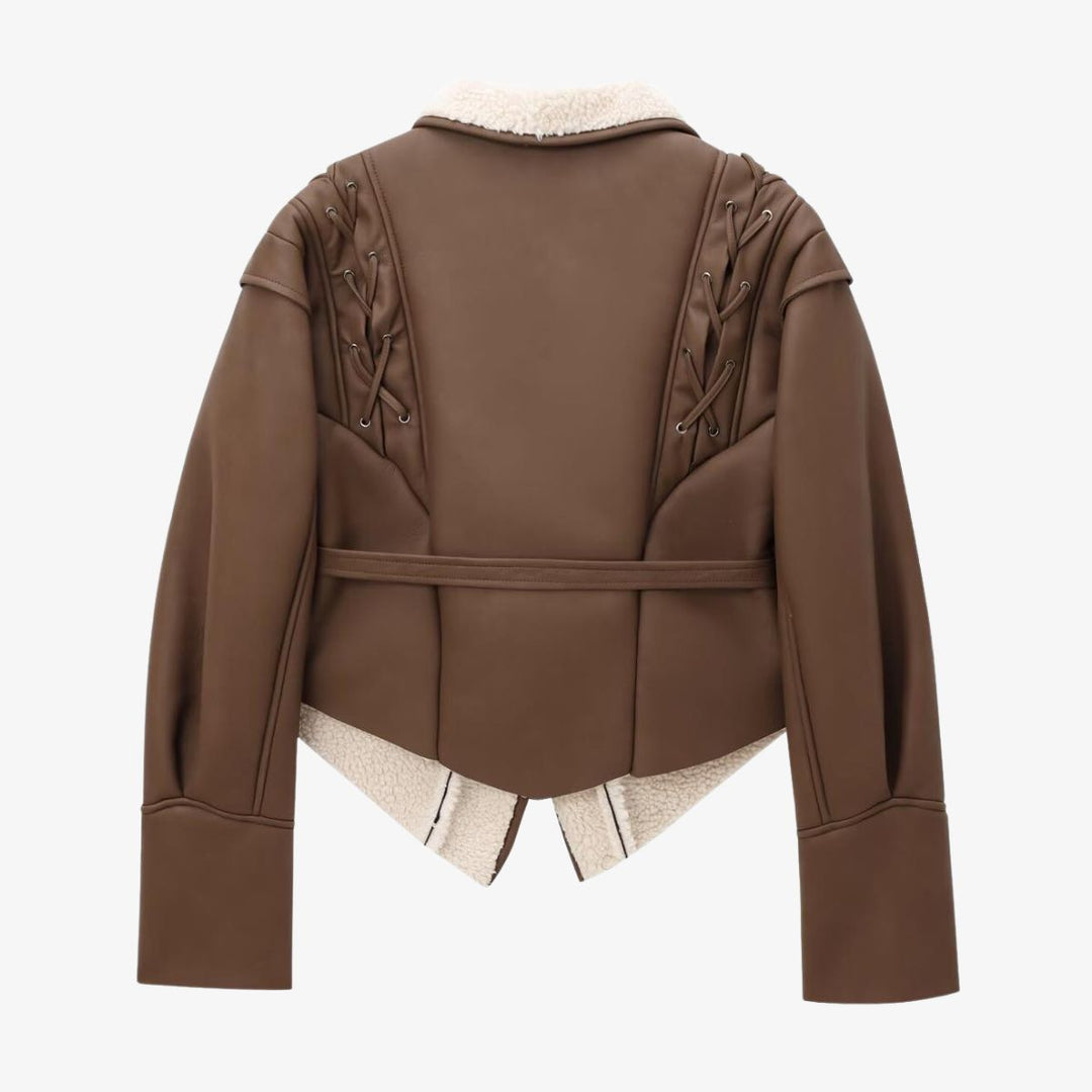 Drune | Stylische Kunstlederjacke mit Teddy Futter und Schnürdetails