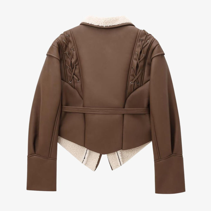 Drune | Stylische Kunstlederjacke mit Teddy Futter und Schnürdetails
