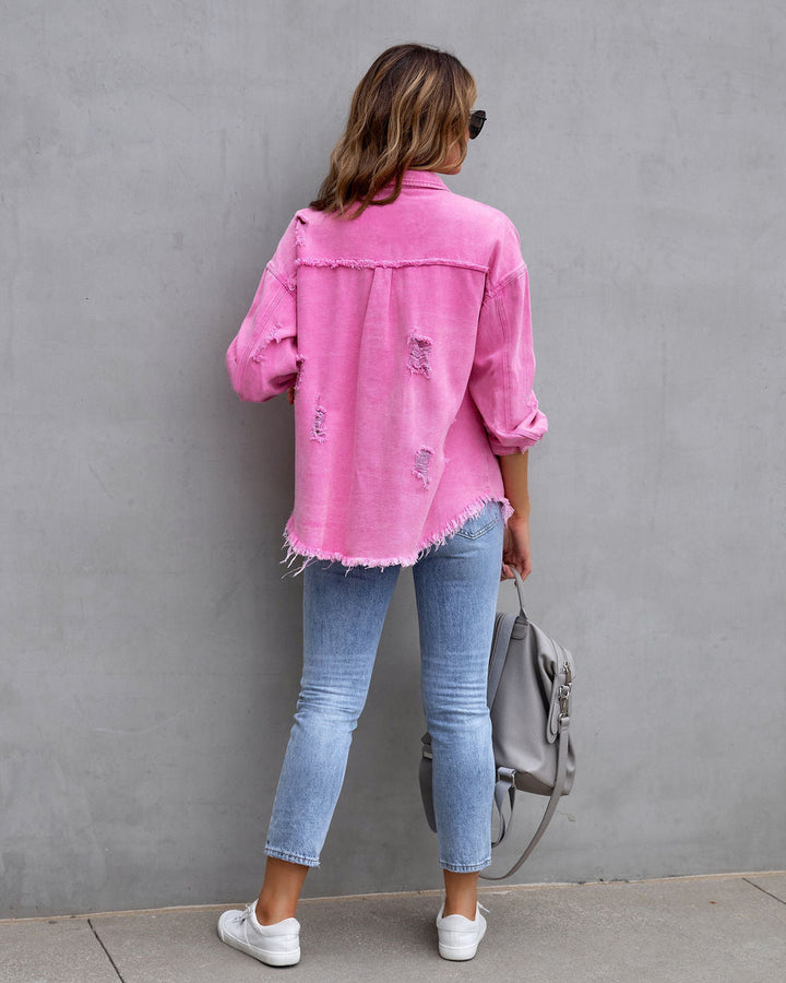 Drune | Denim Bluse - Damen Jeansjacke mit fransigen Details und Knopfverschluss