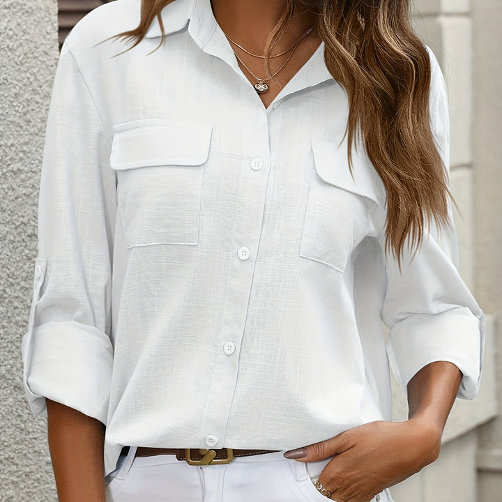 Drune | Elegante Damen Baumwollbluse mit Taschen und Langen Ärmeln