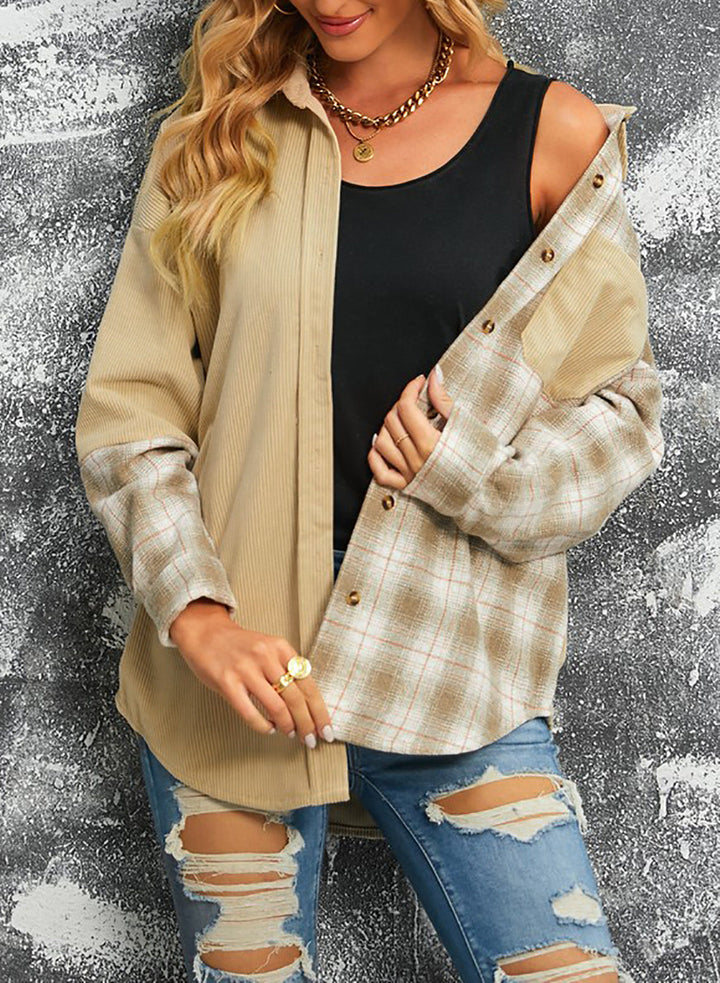 Drune | Karierte Farbblock Gefallen Schulter Corduroy Shacket