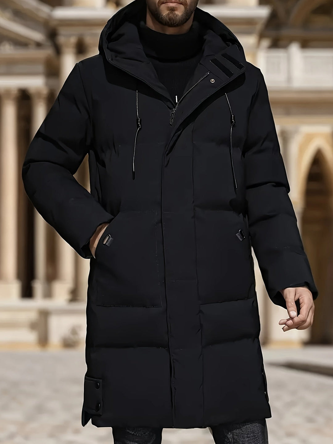 Drune |  Gepolsterte Schwarze Winterjacke Mit Kapuze Für Herren - Perfekt für Outdoor-Aktivitäten