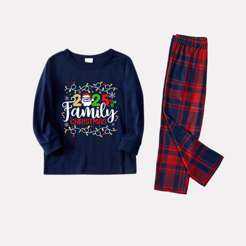 Drune | Marineblaues und rotes kariertes Weihnachts-Pyjama-Set mit Weihnachtslichtern und 