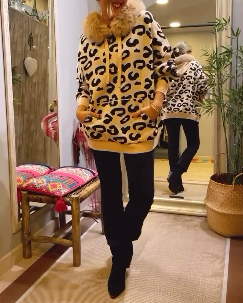 Drune | Langärmliges Elegantes Kapuzensweatshirt mit Leopardenmuster
