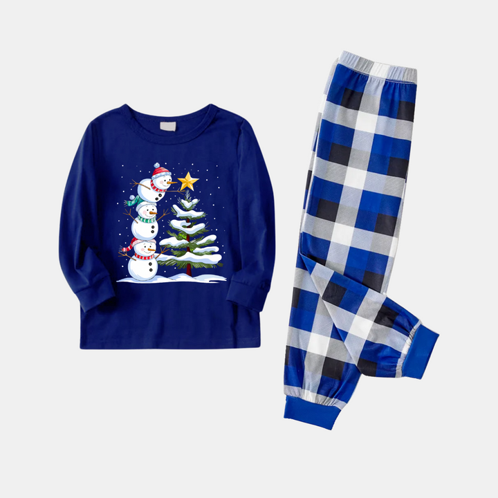 Drune | Marineblaues und weißes kariertes Weihnachts-Schlafanzugset mit Schneemann- und Weihnachtsbaumdruck