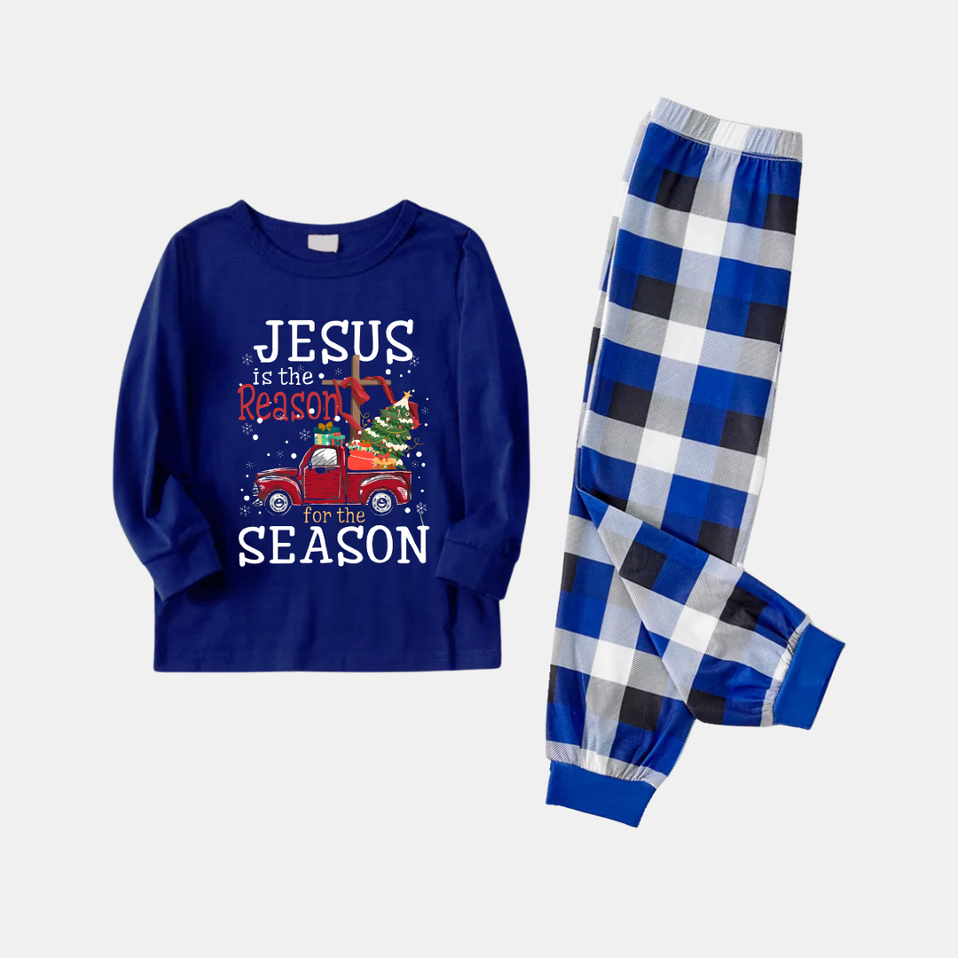 Drune | Navy & White Karierter Weihnachts-Pyjama-Set mit "Jesus ist der Grund für die Saison" Textdruck