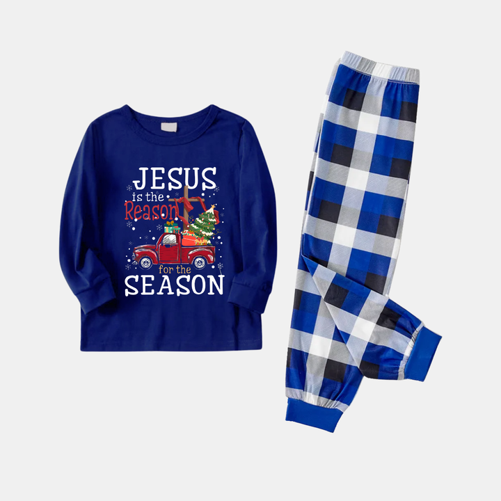 Drune | Navy & White Karierter Weihnachts-Pyjama-Set mit "Jesus ist der Grund für die Saison" Textdruck