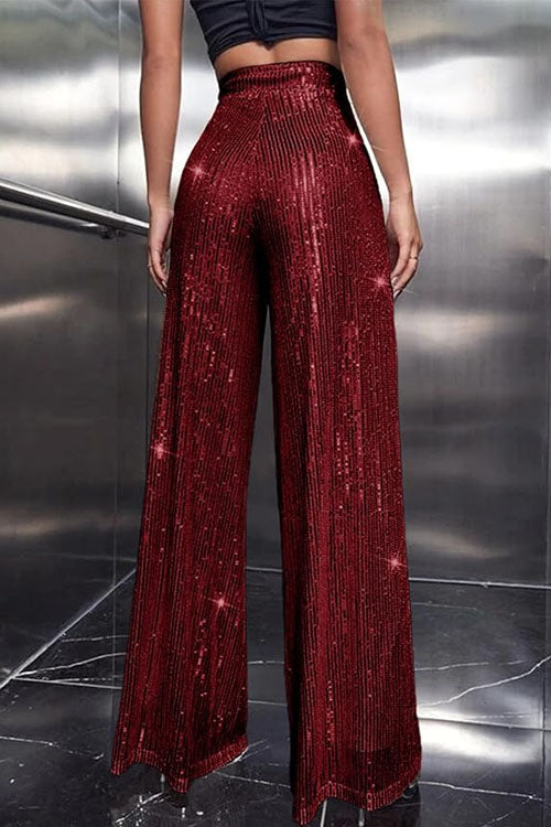 Drune | Rosiedress Glänzende Elastische Taille Weite Bein Paillettenhose