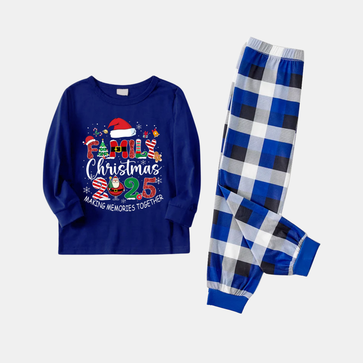 Drune | Marineblaues & Weißes Karomuster Weihnachts-Pyjama-Set mit dem Textdruck "Familien-Weihnachten 2025 Erinnerungen gemeinsam schaffen"
