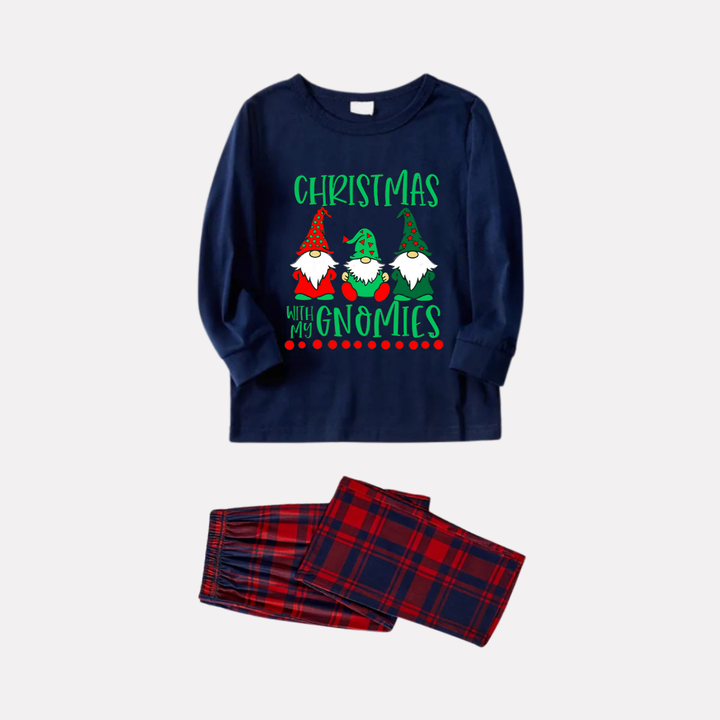 Drune | Marineblaues und rotes kariertes Weihnachts-Schlafanzug-Set mit "Weihnachten mit meinen Gnomies" Textdruck