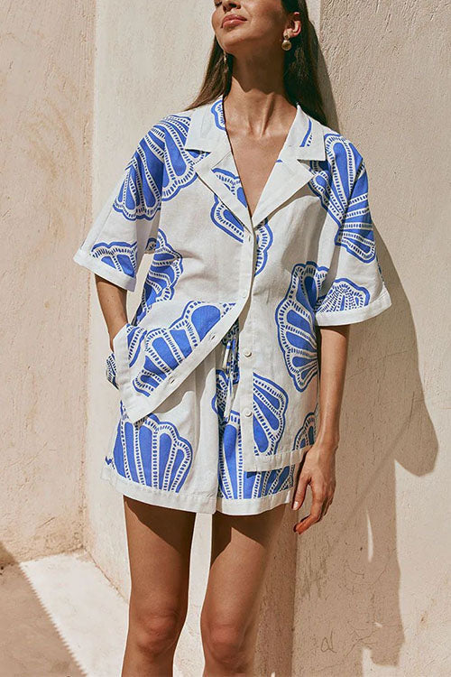 Drune | Rosiedress V-Ausschnitt Kurzarmshirt und Shorts mit Kordelzug Taillierung Muscheldruck Set