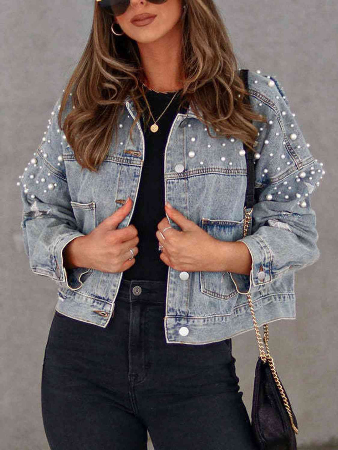 Drune | Perlenbesatz Knopf-Down Denimjacke mit Taschen
