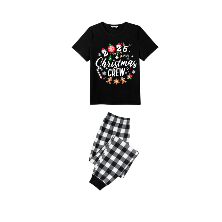 Drune | Weihnachts Crew 2025 Familien Schlafanzug Set - Schwarzes Oberteil Schwarze und Weiße Karierte Hose Zuckerstange und Plätzchen Grafik