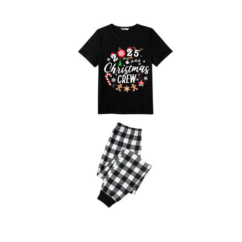 Drune | Weihnachts Crew 2025 Familien Schlafanzug Set - Schwarzes Oberteil Schwarze und Weiße Karierte Hose Zuckerstange und Plätzchen Grafik