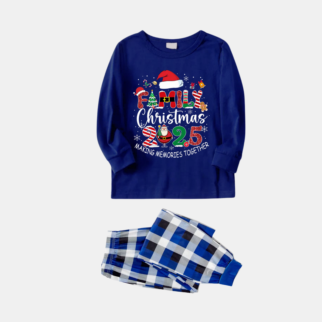 Drune | Marineblaues & Weißes Karomuster Weihnachts-Pyjama-Set mit dem Textdruck "Familien-Weihnachten 2025 Erinnerungen gemeinsam schaffen"
