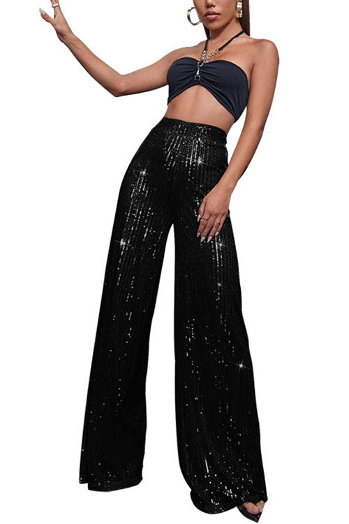 Drune | Rosiedress Glänzende Elastische Taille Weite Bein Paillettenhose